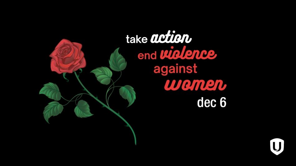 A rose sits next to the text "Take action to end violence against women - December 6"