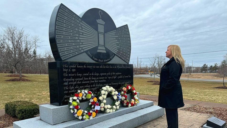 Jennifer Murray looking at the Westray Mine memorial 