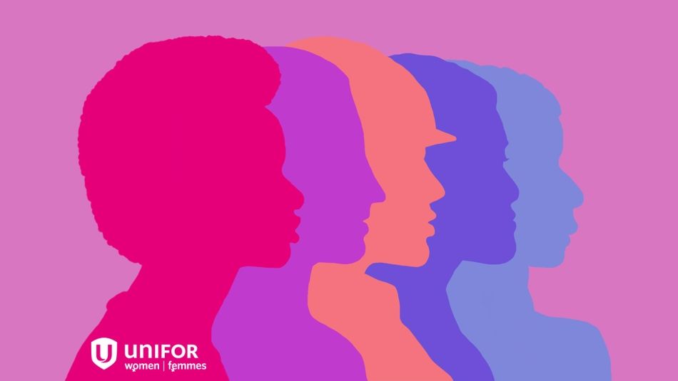 Generic silhouette of five female figures appear on a pink background with the Unifor Women's Department logo in the lower left corner.