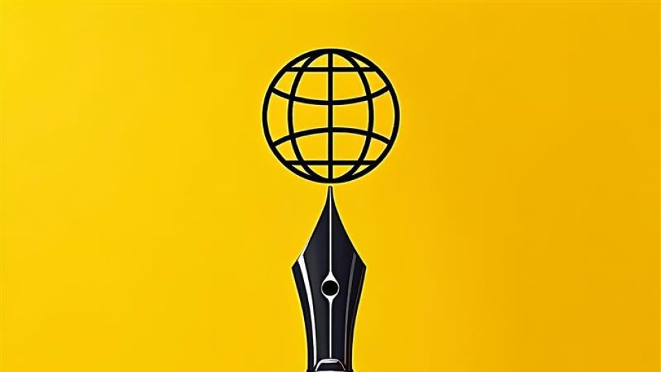 yellow background with a globe a top of a black calligraphy pen 