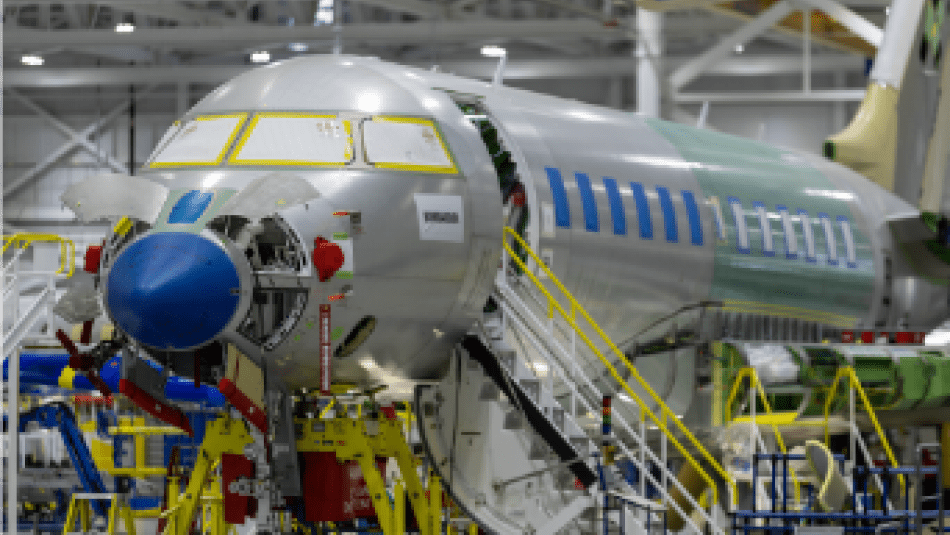 A Bombardier Global series aircraft on the assembly line in Toronto