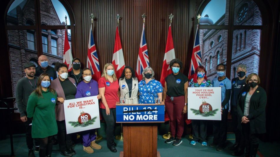 Ontario health care workers and union leaders at Queen's Park media conference