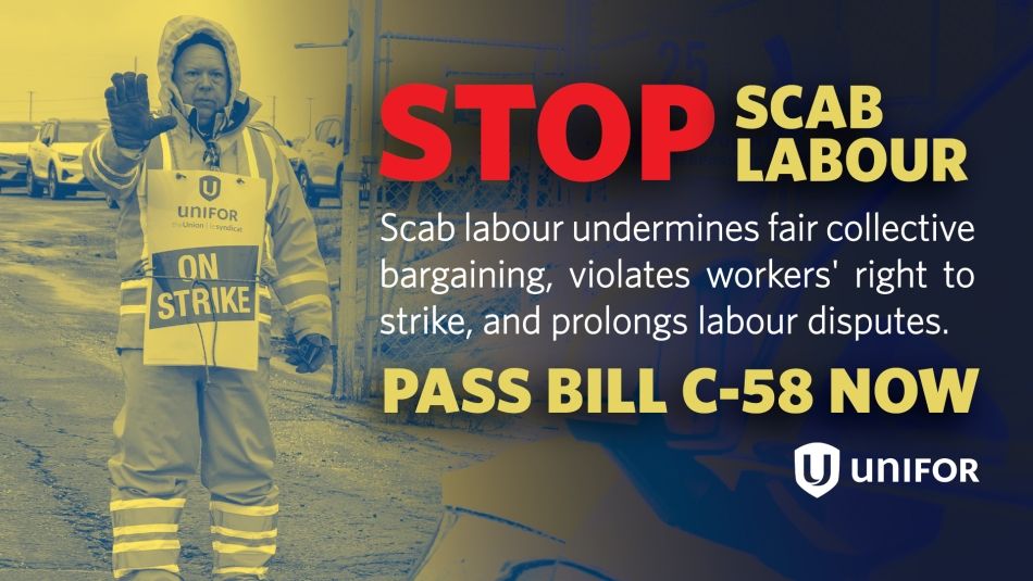 An image of a striking worker on a picket line with the text "Stop Scab Labour"