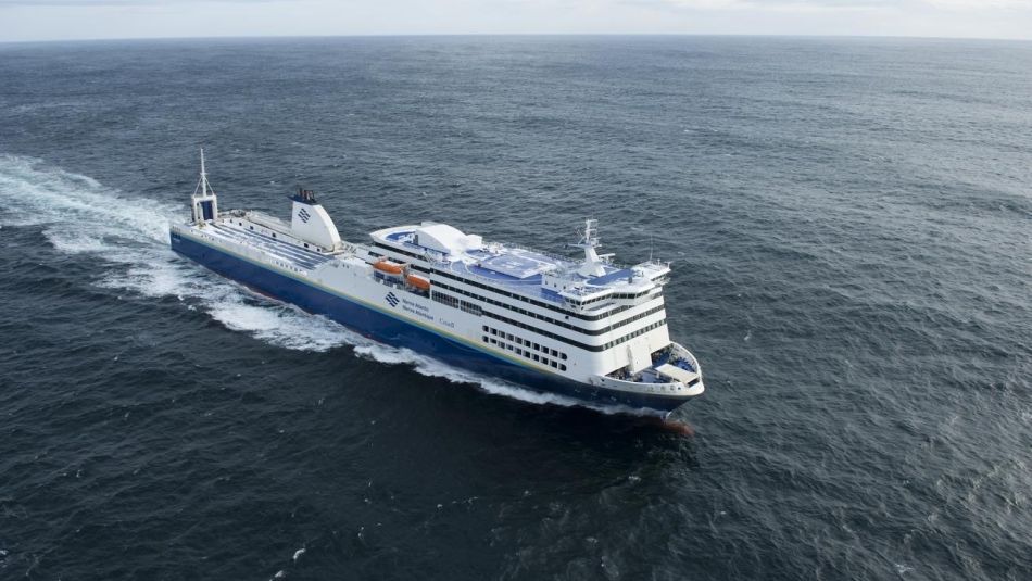 Arial shot of the Blue Putee ferry at sea.