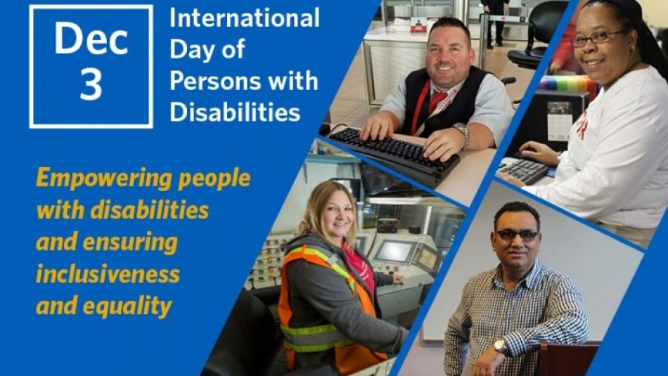 A collage of four images of Unifor members with disabilities in their workplaces.