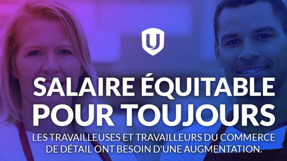 Deux travailleurs du commerce de détail, une femme et un homme. Un salaire équitable pour toujours. Les travailleuses et travailleurs du commerce de détail ont besoin d'une augmentation.