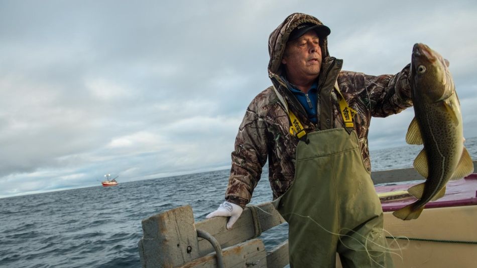 A fisherman holds up a freshly caught fish.