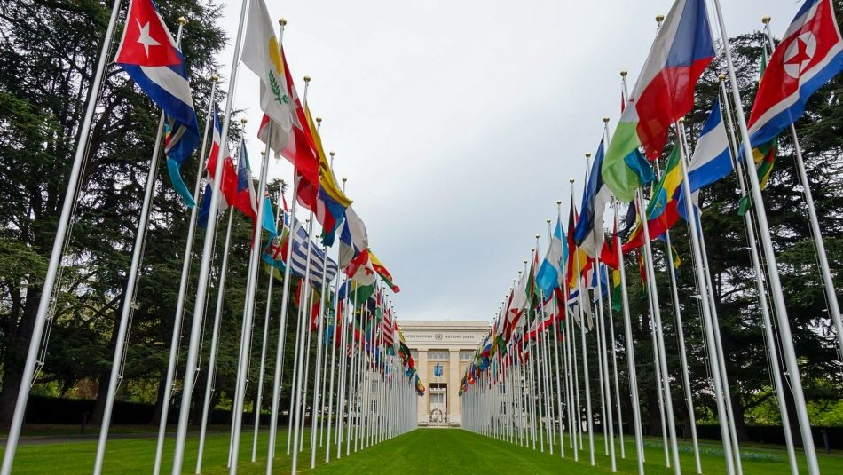 Rows of international flags lining a pathway toward the United Nations building in Geneva, Switzerland, with colorful national flags waving on tall poles under an overcast sky. The symmetrical perspective highlights global diplomacy, international relations, and multicultural unity, surrounded by green lawns and towering trees.