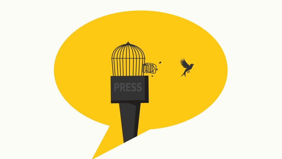 A mic shaped like a bird cage with a door open and bird flys away, inside a yellow quote