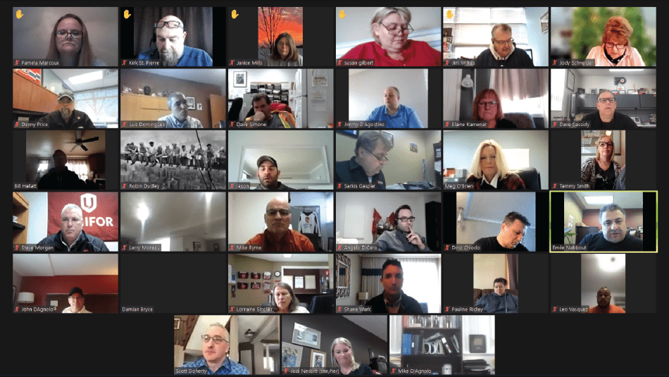 Unifor Independent Parts Supplier Council delegates participate in a meeting on Zoom.