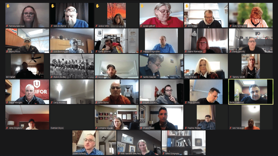Unifor Independent Parts Supplier Council delegates participate in a meeting on Zoom. 