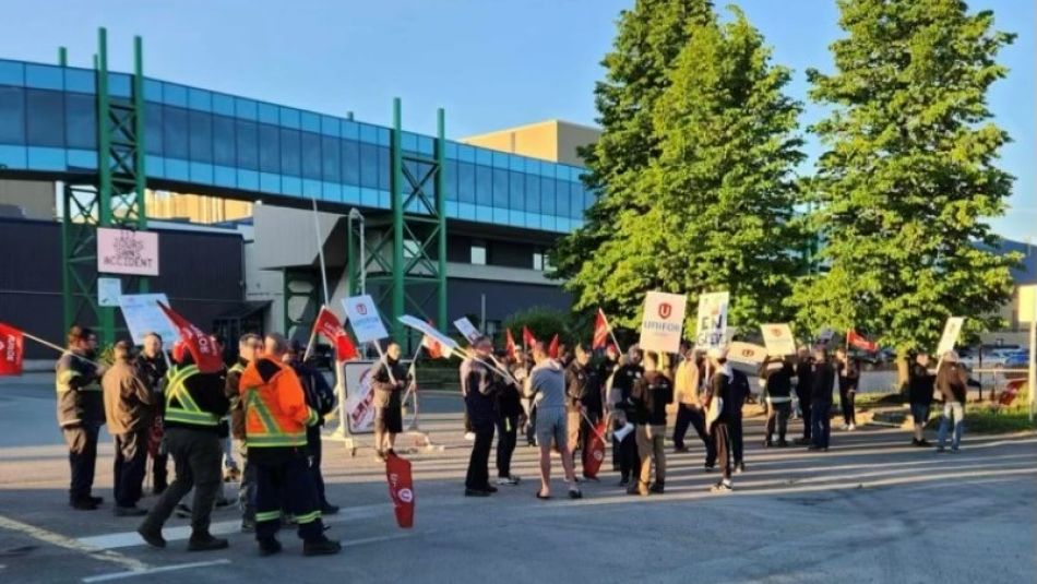 a group of people scattered marching around a picket line holding up place cards