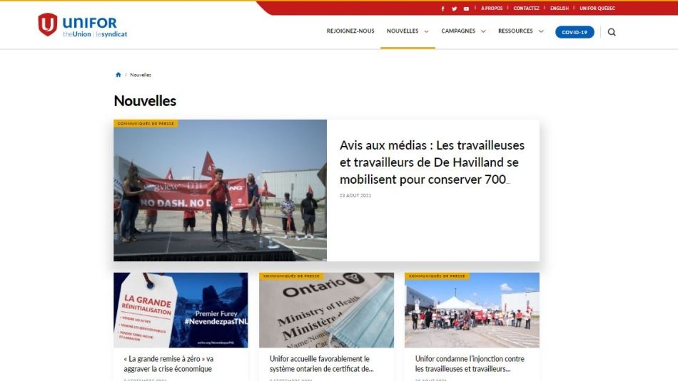 4 histoires sur le fil d'actualité du nouveau site web d'Unifor.