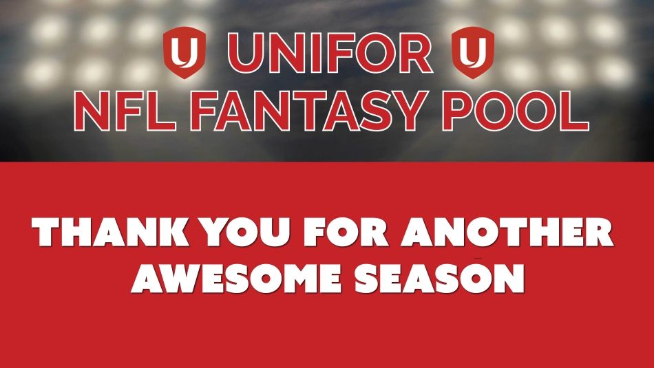 Sign reading: "Unifor NFL Fantasy Pool, thank you for another awesome season"