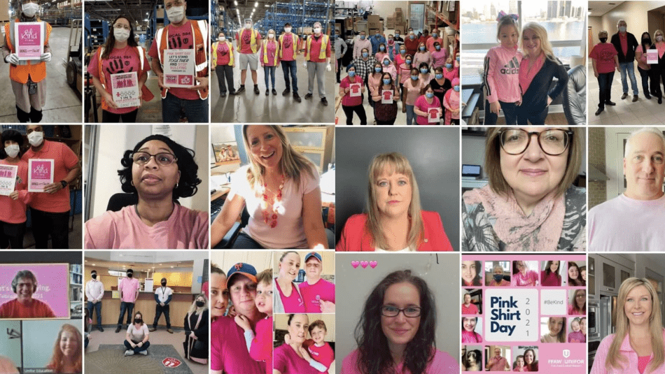 Montage of Unifor members and staff wearing pink shirts.