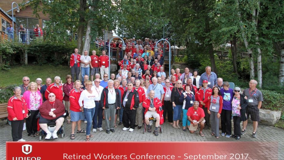 A large group of Unifor Retired Workers gathered outside at the Port Elgin Family Education Centre for the Retired Workers Conference - September 2017.