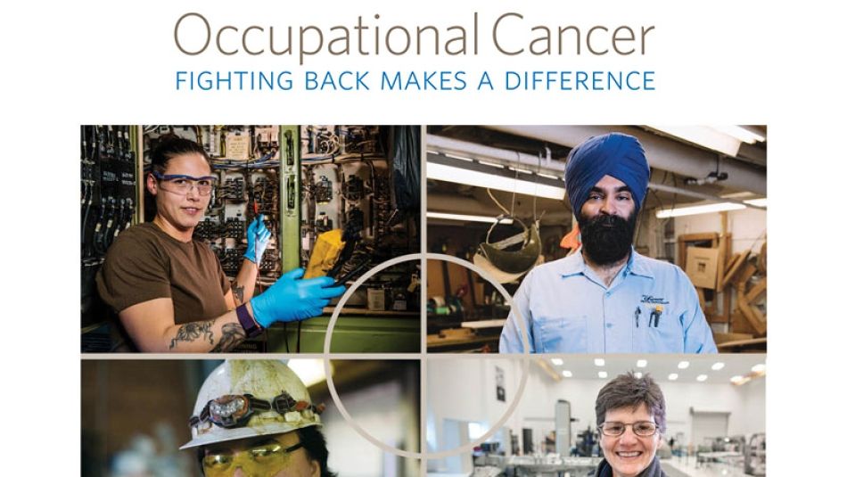 A collage of portraits of four Unifor members in their workplaces below the text "Occupations Cancer: Fighting Back Makes a Difference"