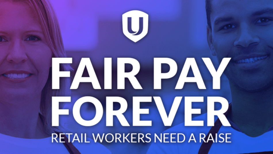 Two retail workers a woman and a man. Fair pay forever. Retail workers need a raise.