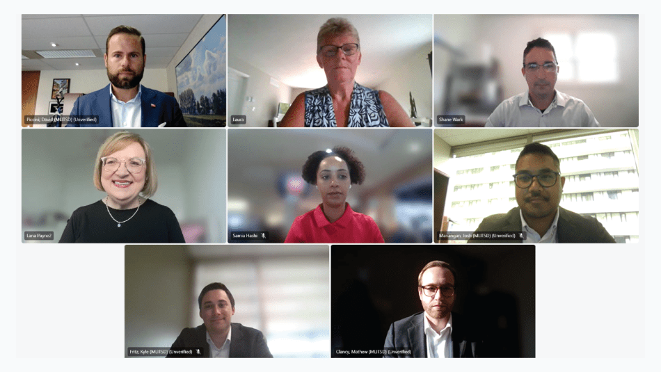 Screen capture of Minister of Labour David Piccini and ministerial staff in an online meeting with Unifor leadership including National President Lana Payne, Ontario Regional Director Samia Hashi and Wescast worker Laura Collison. 