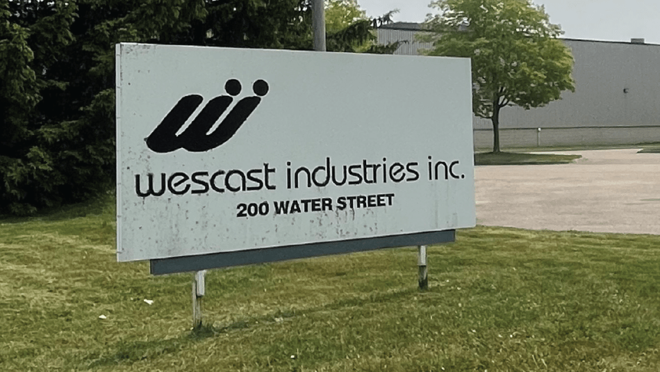 exterior sign of the Wescast foundry in Wingham, Ontario.