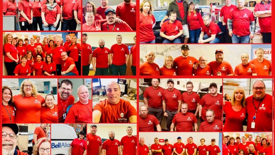 Un collage de photo de membres d'Unifor travaillant chez Bell Aliant et portant des t-shirts rouges identiques. 