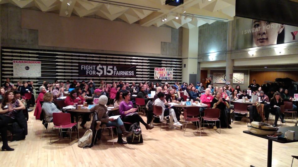 Trade unionists, including Unifor members, attending a meeting on labour reform.