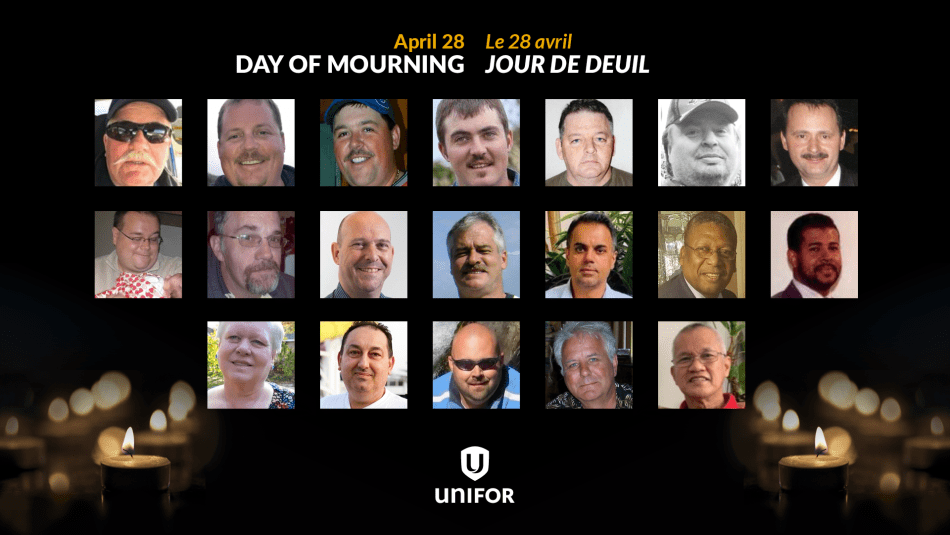 Photos des 19 membres d'Unifor que nous avons perdus. Le texte indique « Le 28 avril, Jour de deuil ».