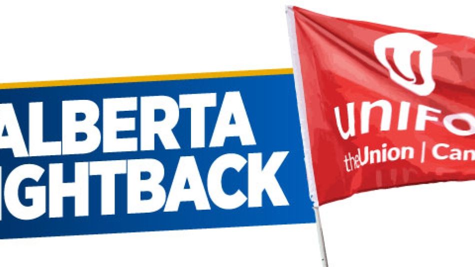 A Unifor flag flies next to the text "Alberta FIghtback"