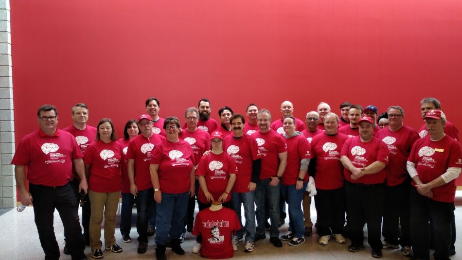 Unifor members and leadership wear mathing t-shirts dedicating their participation in the Walk for ALS to Bob White.