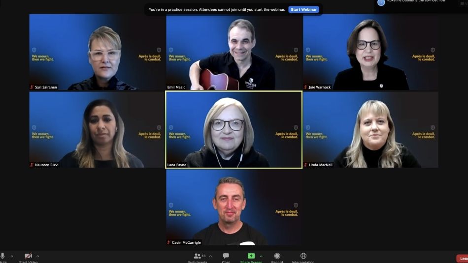 zoom meeting frames with Unifor leaders and guest.