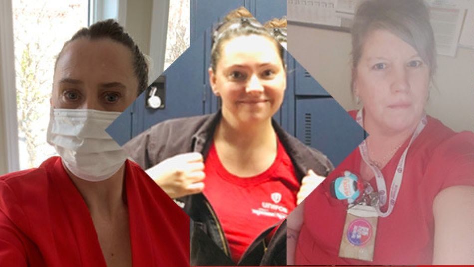 A collage of photos shows Unifor sisters wearing red shirts for Equal Pay Day.