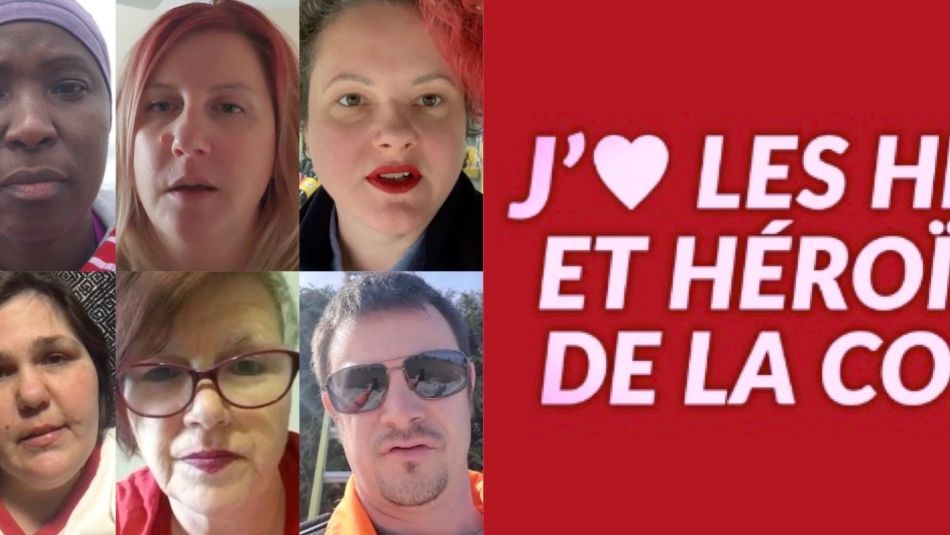 Un collage de photo de travailleuses et travailleurs de première ligne avec le texte : «J'aime les héros et héroïnes de la COVID.»