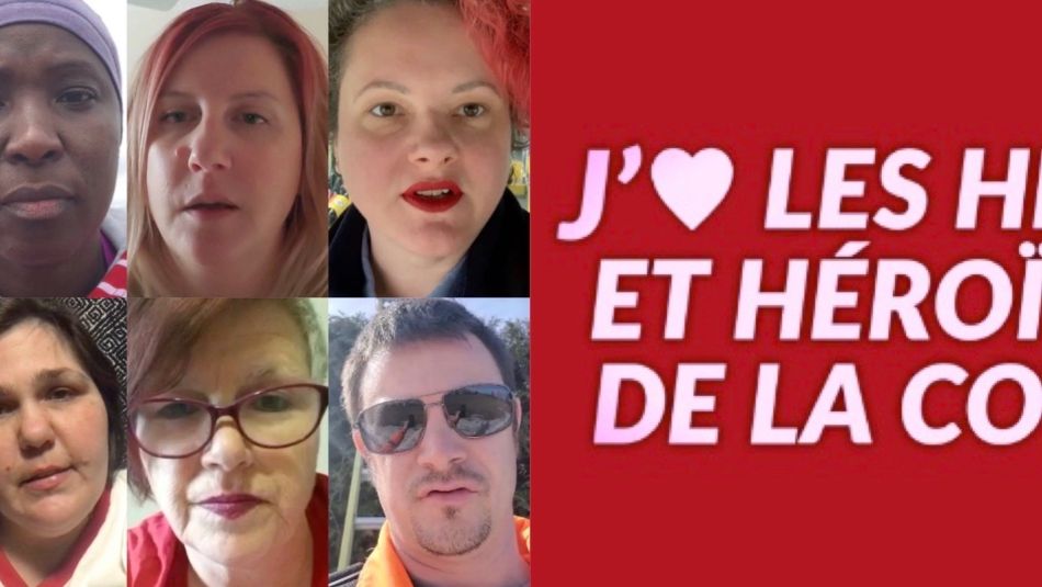 Un collage de photo de travailleuses et travailleurs de première ligne avec le texte : «J'aime les héros et héroïnes de la COVID.»