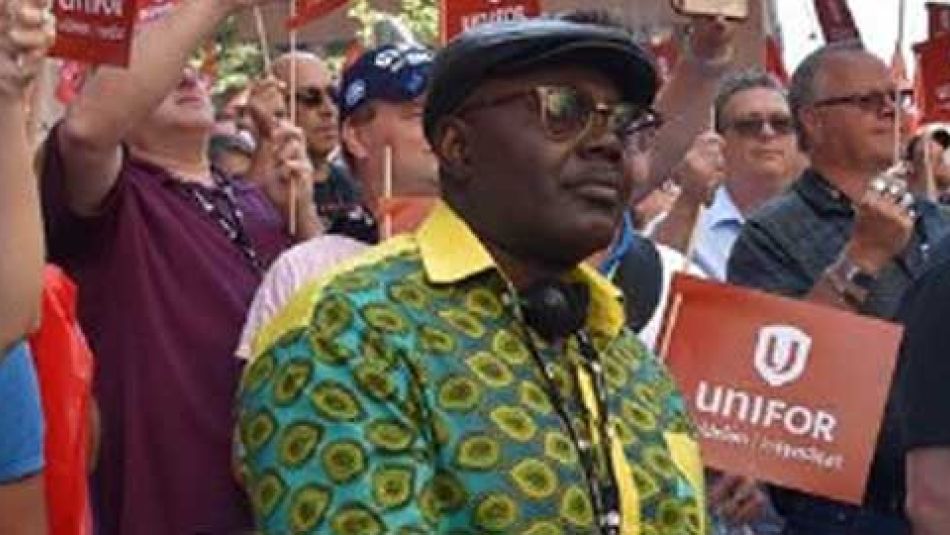 Quebec Regional Council Director Lionel Ngoket at a Unifor rally