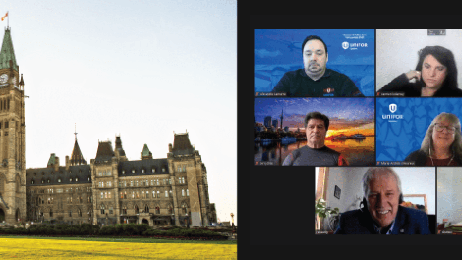 Photos of Parliament Hill and Unifor leadership in a Zoom lobbying meeting