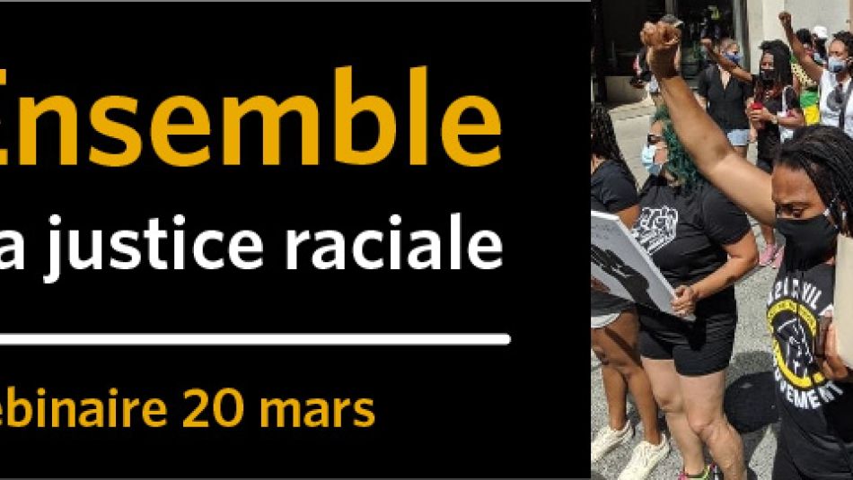 Le texte alternatif dit : Ensemble pour la justice raciale à côté de l’image de plusieurs membres d’Unifor qui marchent lors du rassemblement La vie des Noirs compte en juillet 2020