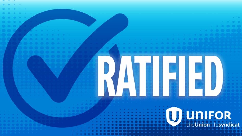 Unifor social media banner saying ratified