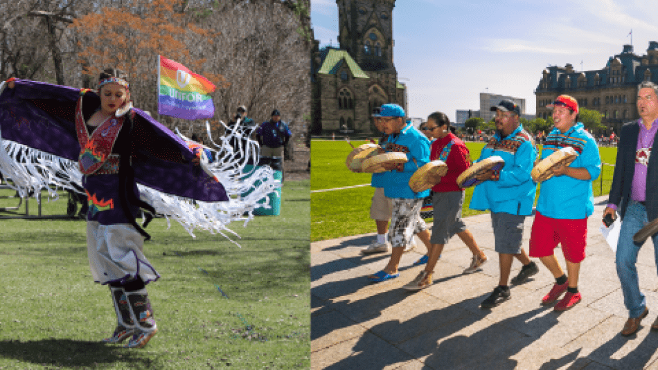 Photo collage containing image of protest march and dancing woman in traditional Prairie First Nation clothing