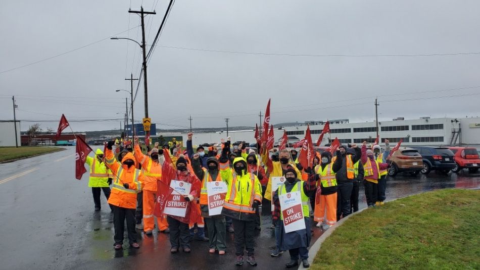 Striking members of Unifor Local 597 at a demonstration.