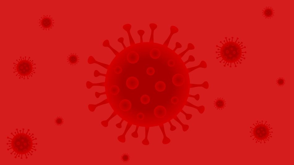 A red illustration of the COVID-19 virus.