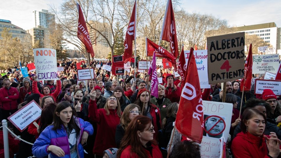 A large crowd of labour activists at a rally.