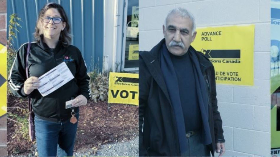 Un collage de photos montre trois membres d'Unifor en train de voter tôt.