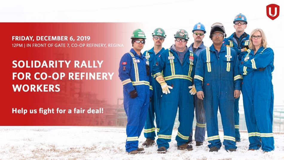 The words "Solidarity Rally for Coo-op Refinery Wokers" are seen next to a group of Unifor Local 594 members.