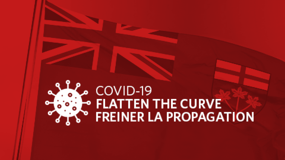 A graphic containing the Ontario provincial flag reads: "COVID-19. Flatten the curve."