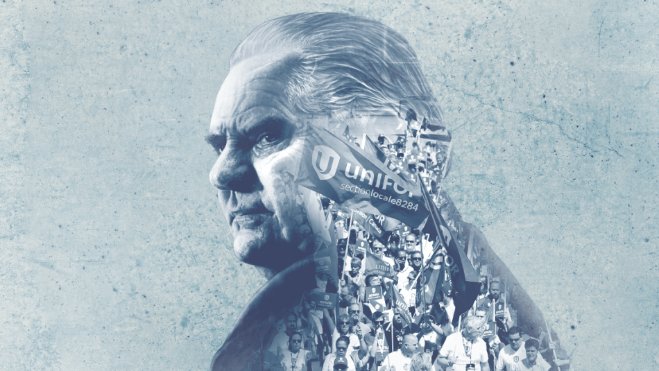 Edited image of Premier Doug Ford with rallying workers superimposed over his head and neck. 