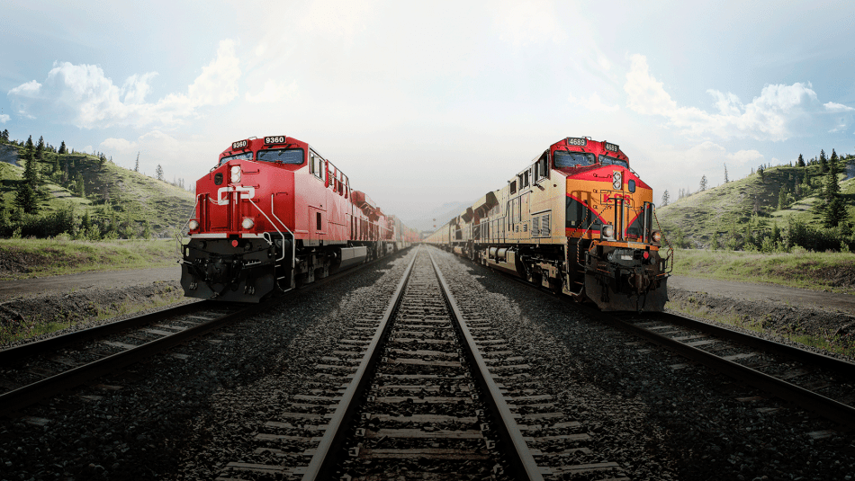 A Canadian Pacific train sits on a rail line on the left while a Kansas City Southern train sits on the right of the image. 