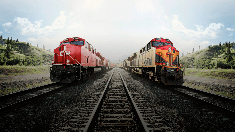 A Canadian Pacific train sits on a rail line on the left while a Kansas City Southern train sits on the right of the image.