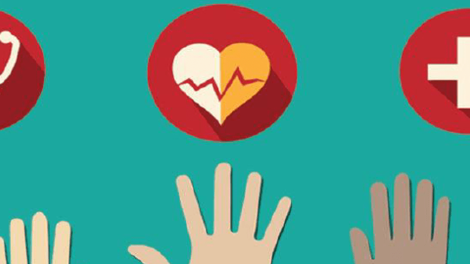 A graphic show hands reaching towards icons of a stethascope, a heart and a medical cross.