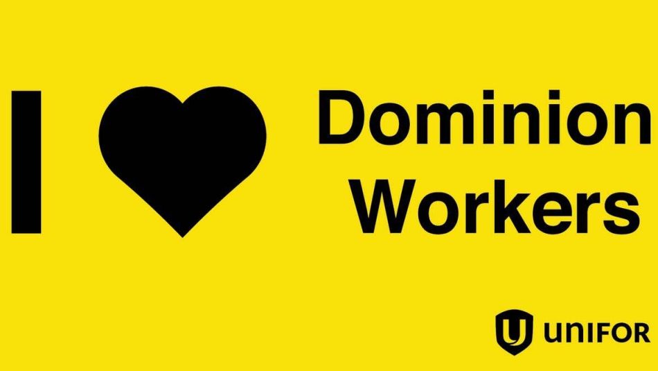 Un graphique contient le texte: «J'aime les travailleuses et travailleurs de Dominion», en anglais.