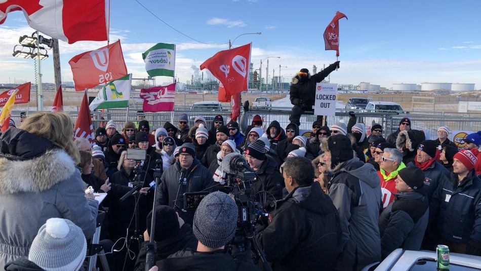 Unifor members and labour activists on the Co-op refinery picket line.